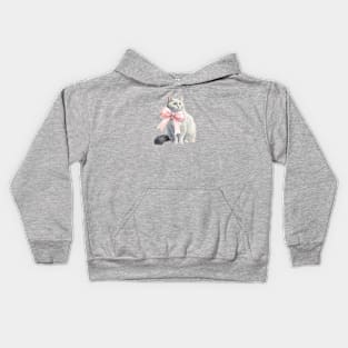 Cute Coquette Fluffy White Cat with Pink Bow Kids Hoodie